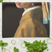 パールイヤリングポートレート絵画女 キッチンタオル (折り畳み)