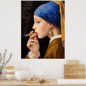 パールイヤリング喫煙ポスター付きおもしろい少女 ポスター (キッチン)