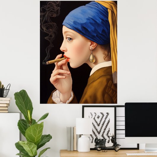 パールイヤリング喫煙ポスター付きおもしろい少女 ポスター (ホームオフィス)