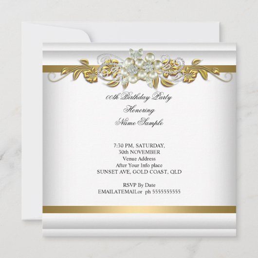 パールエレガントイエロー金ゴールドシルバーダイヤモンド誕生日 招待状 (裏面)