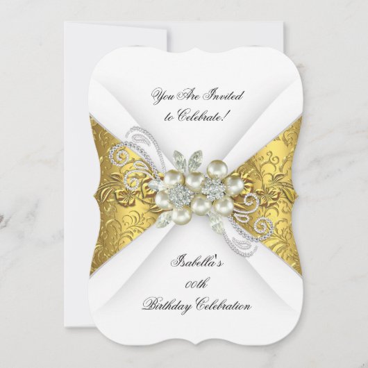 パールエレガントイエロー金ゴールドホワイトダイヤモンド誕生日 招待状 (正面)