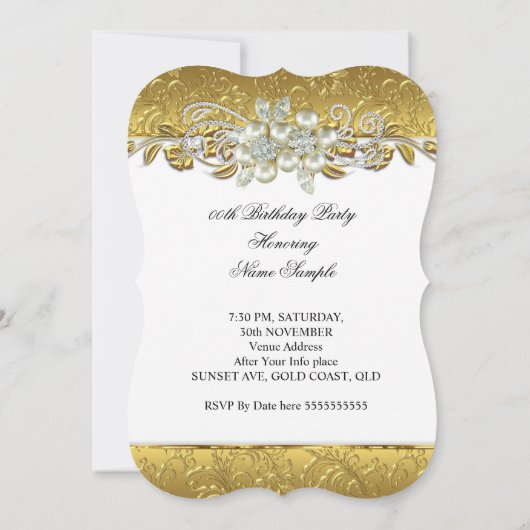 パールエレガントイエロー金ゴールドホワイトダイヤモンド誕生日 招待状 (裏面)