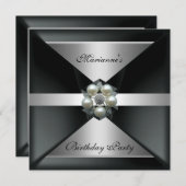 パールエレガントジュエル誕生日シルバー&ホワイト 招待状 (正面/裏面)