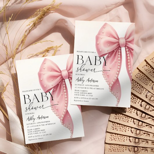 パールエレガントピンクボウガール赤ちゃんシャワー 招待状