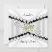 パールエレガント白黒ダイヤモンドバースデーパーティー 招待状 (正面)