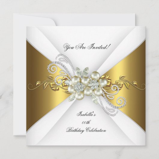 パールエレガント金ゴールドシルバーダイヤモンドバースデーパーティー2 招待状 (正面)