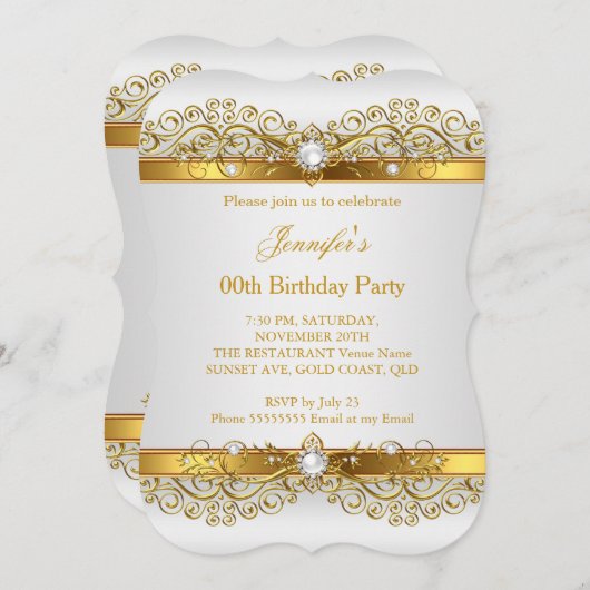 パールエレガント金ゴールドホワイトシルバーバースデーパーティー 招待状 (正面/裏面)
