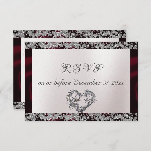 パールエレガント、ブルゴーニュのリボンと輝き 出欠カード (正面/裏面)