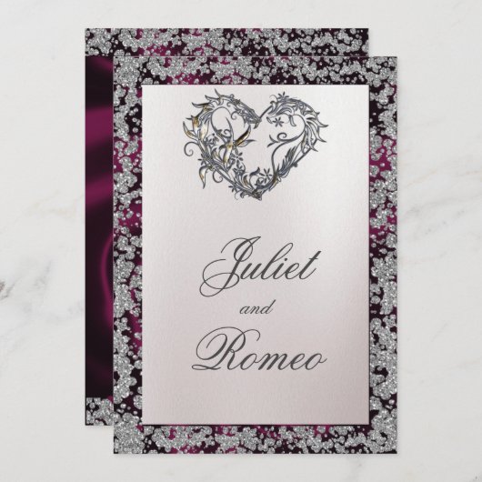 パールエレガント、紫のリボンとスパークル2 招待状 (正面/裏面)