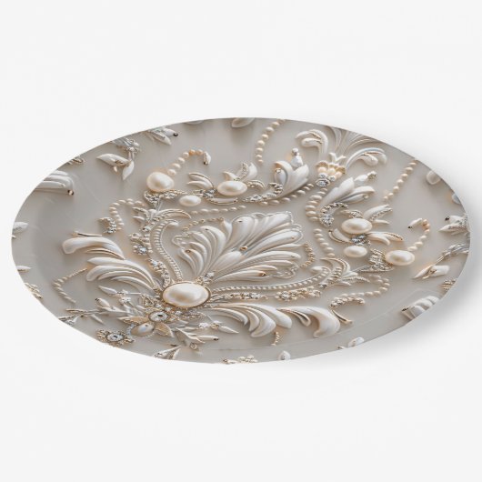 パールクリスタルフランスのダマスク刺繍デコページ ペーパープレート (アングル)