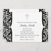 パールクロスピンクブラックダマスク《キリスト教》洗礼式や命名式 招待状 (正面/裏面)