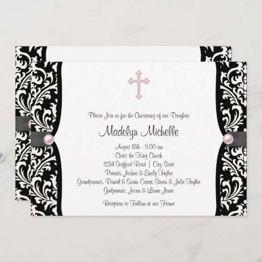 パールクロスピンクブラックダマスク《キリスト教》洗礼式や命名式 招待状 (正面/裏面)