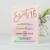 パールグラデーションレインボースクリプト赤面Sweet 16写真 招待状 (スタンド正面)