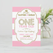 パールグリッターと金ゴールドファースト誕生日招待状 招待状 (スタンド正面)