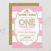 パールグリッターと金ゴールドファースト誕生日招待状 招待状 (正面/裏面)