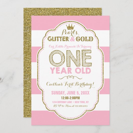 パールグリッターと金ゴールドファースト誕生日招待状 招待状 (正面/裏面)