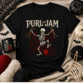 パールジャムスケルトン編み物ハロウィーン毛糸愛好家 Tシャツ