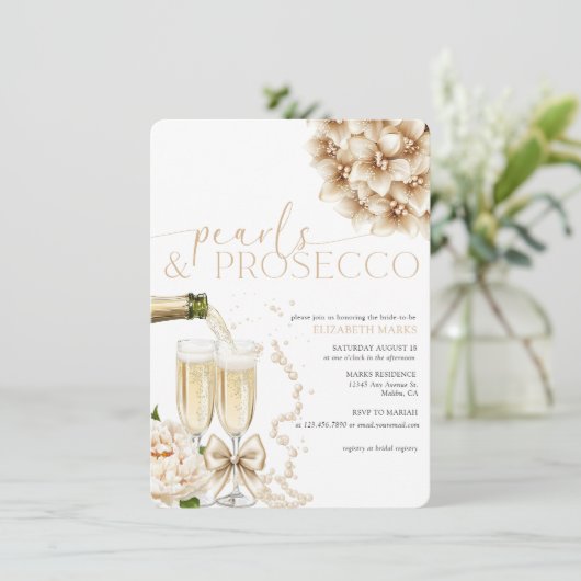 パールスプロセッコエレガントモダンブライダルシャワー 招待状 (スタンド正面)