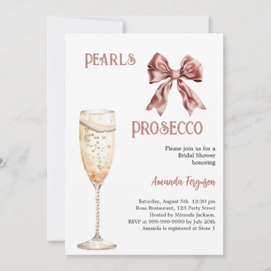 パールスプロセッコピンクボウブライダルシャワー 招待状 (正面)