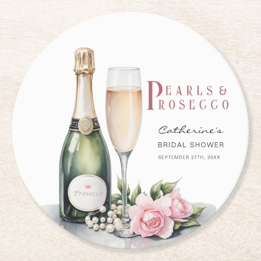 パールスプロセッコフローラエレガントブライダルシャワー ラウンドペーパーコースター (正面)