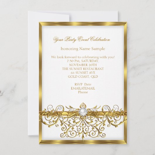 パールスホワイト金ゴールドエレガントバースデーパーティー2 招待状 (裏面)