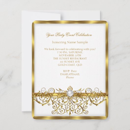 パールスホワイト金ゴールドエレガントバースデーパーティー3 招待状 (裏面)