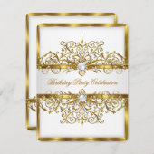 パールスホワイト金ゴールドエレガントバースデーパーティー3 招待状 (正面/裏面)