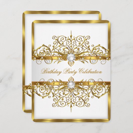 パールスホワイト金ゴールドエレガントバースデーパーティー3 招待状 (正面/裏面)