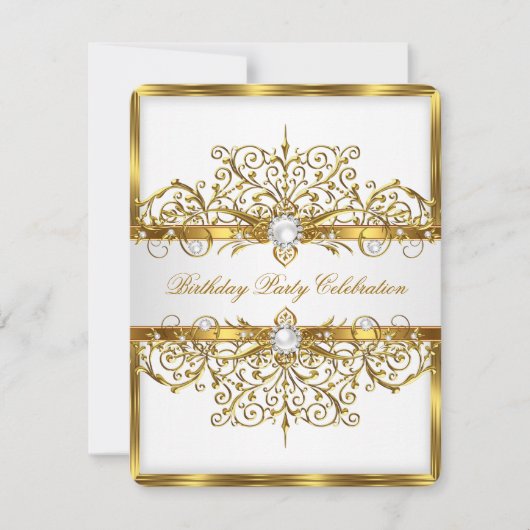 パールスホワイト金ゴールドエレガントバースデーパーティー3 招待状 (正面)