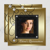 パールズブラック金ゴールド写真キンセアニェラ招待状 招待状 (正面/裏面)