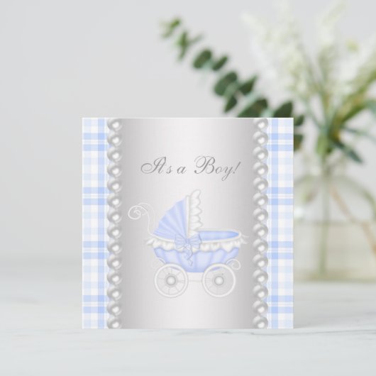 パールズブルーギンガムキャリッジ男の赤ちゃんシャワー 招待状 (スタンド正面)