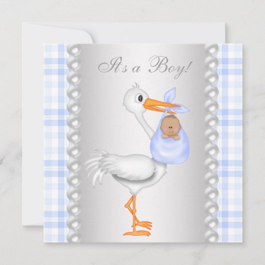 パールズブルーギンガムストルク男の赤ちゃんシャワー 招待状 (正面)