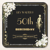 パールズホワイトフローラアールデコギャツビー20s誕生日 スクエアペーパーコースター (正面)