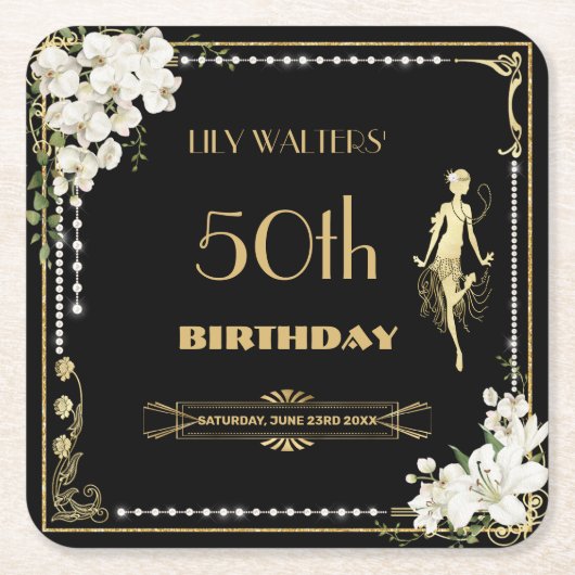 パールズホワイトフローラアールデコギャツビー20s誕生日 スクエアペーパーコースター (正面)
