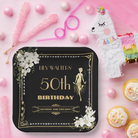 パールズホワイトフローラアールデコギャツビー20s誕生日 ペーパープレート (パーティー)