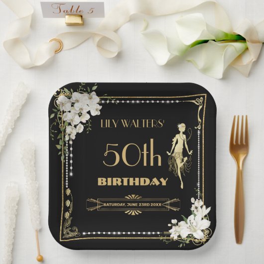 パールズホワイトフローラアールデコギャツビー20s誕生日 ペーパープレート (ウェディング)