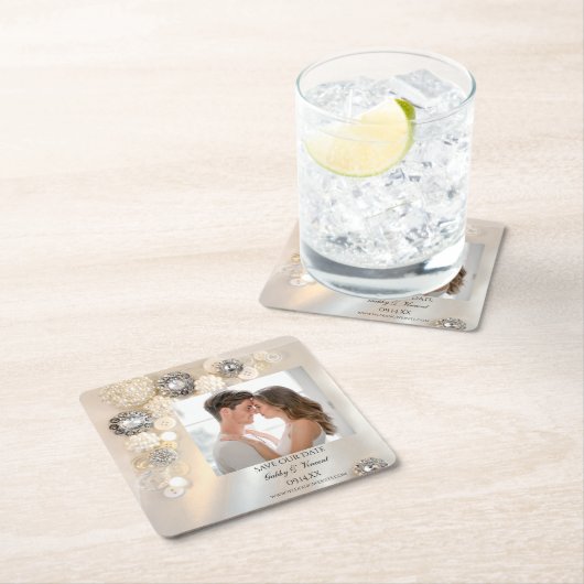 パールダイヤフェイクモンドのボタンウェディング日付を保存 スクエアペーパーコースター (インサイチュ)