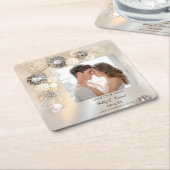 パールダイヤフェイクモンドのボタンウェディング日付を保存 スクエアペーパーコースター (アングル)