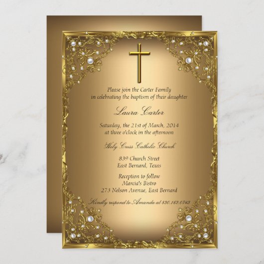 パールダマスククロス金ゴールドバプテスマ/《キリスト教》洗礼式や命名式 招待状 (正面/裏面)