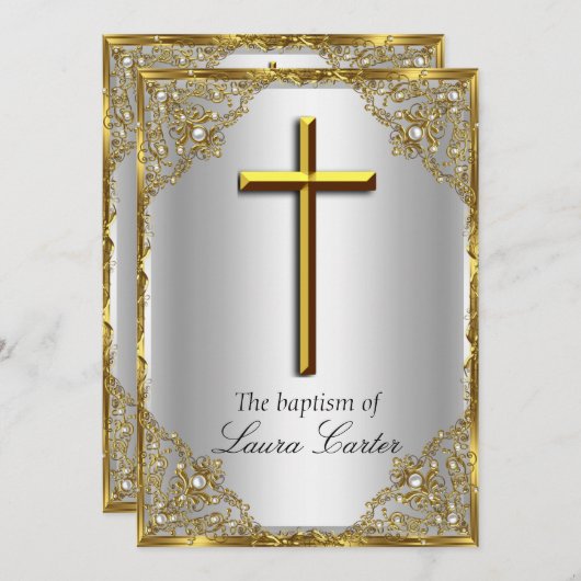 パールダマスクロスバプティスシルバー金ゴールド 招待状 (正面/裏面)