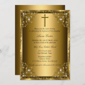 パールダマスク&クロス金ゴールドバプテスマ 招待状 (正面/裏面)
