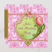 パールチューリップピンクダマスク女性任意の数 招待状 (正面/裏面)
