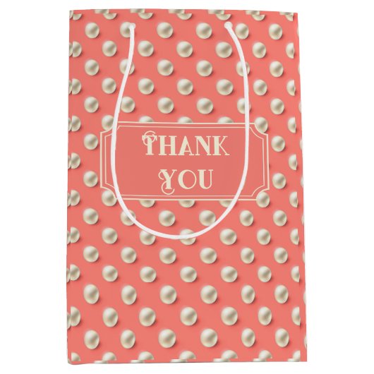 パールディテール付きカスタムコーラルサンクスギフトバッグ ミディアムペーパーバッグ (正面)