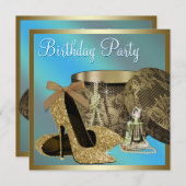 パールハイヒールシューズティール（緑がかった色）ブルー女性誕生日 招待状 (正面/裏面)