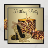 パールハイヒールシューズブラック金ゴールド女性誕生日 招待状 (正面/裏面)