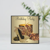 パールハイヒールシューズブラック金ゴールド女性誕生日 招待状 (スタンド正面)