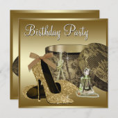 パールハイヒールシューズブラック金ゴールド女性誕生日 招待状 (正面/裏面)