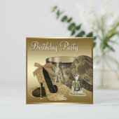 パールハイヒールシューズブラック金ゴールド女性誕生日 招待状 (スタンド正面)