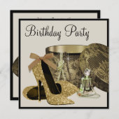 パールハイヒールシューズブラック金ゴールド女性誕生日 招待状 (正面/裏面)