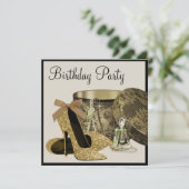 パールハイヒールシューズブラック金ゴールド女性誕生日 招待状 (スタンド正面)